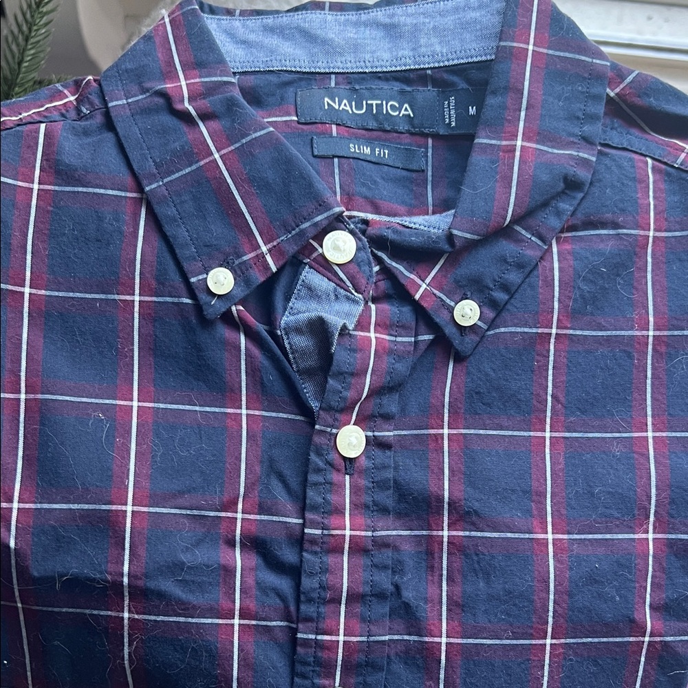 Nautica Men's Blue and Red Plaid Button Down Shirt
